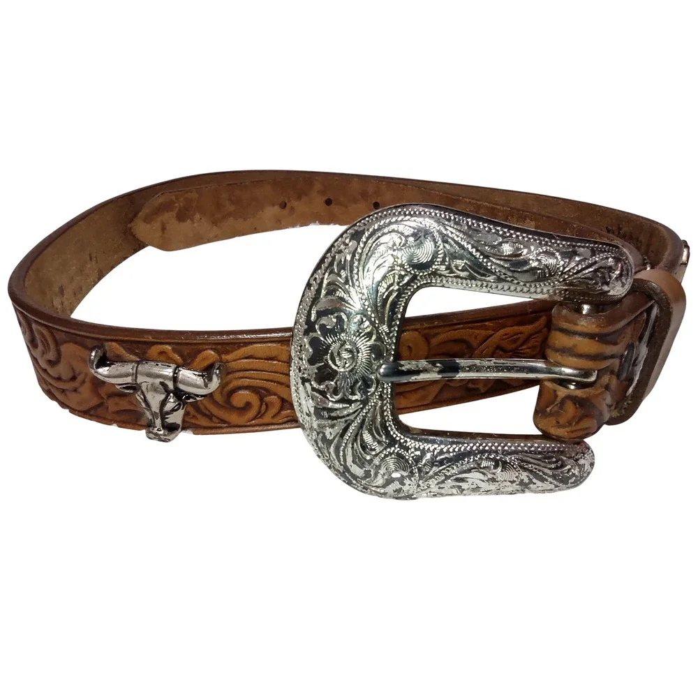Justin Western Leather Belt Silver Bull Boot Horseshoe Buckle Tooling Size 32